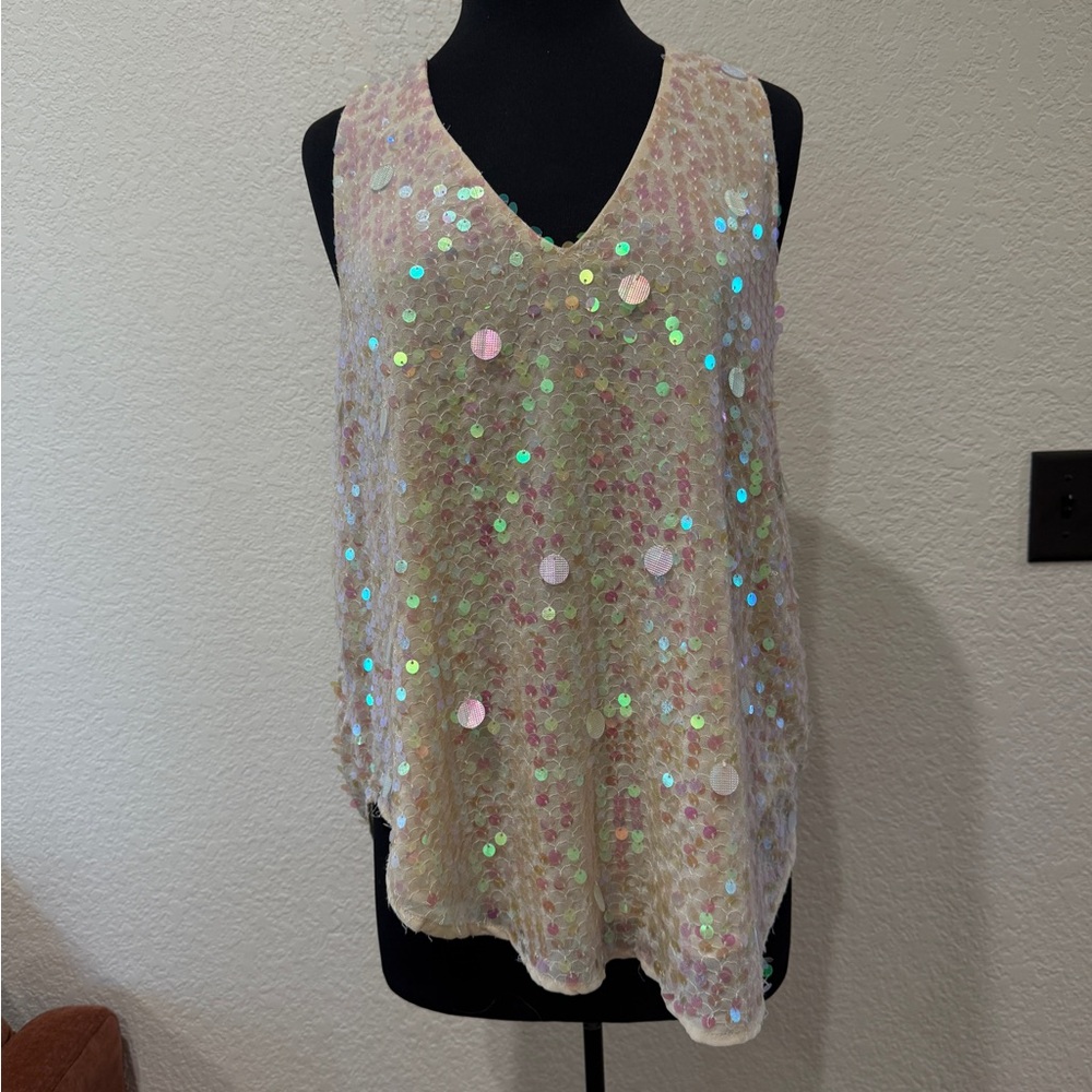 Iridescent Sequin Cream V-Neck Tank